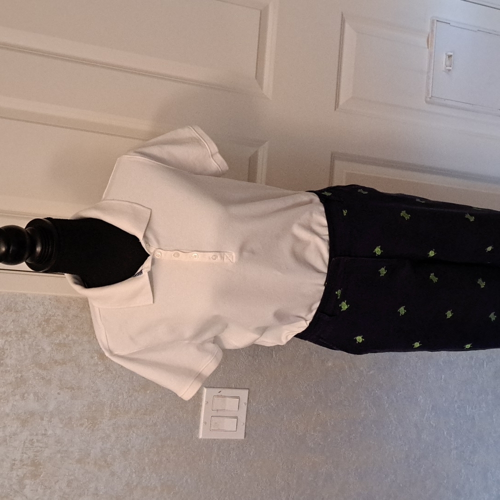 Briggs New York Size 12 cropped pants with small green frogs and White Button Do - Picture 2 of 8